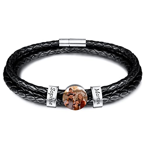 INBLUE Personalisierte Namen Armbänder Herren Gravur Lederarmband Edelstahl Silberne Perlen Anhänger Schmuck Geschenke für Männer Papa Familie Damen (Silber, Runde 3 Perle) von INBLUE