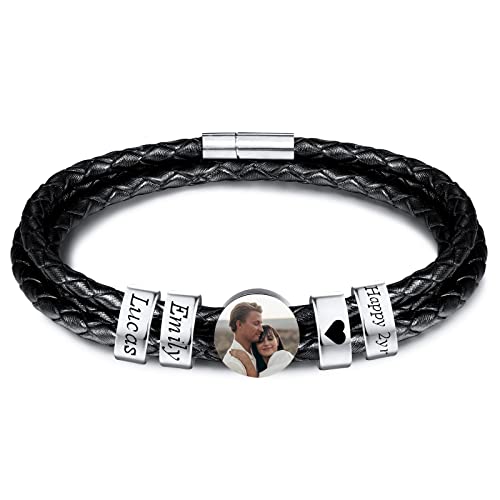 INBLUE Personalisierte Namen Armbänder Herren Gravur Lederarmband Edelstahl Silberne Perlen Anhänger Schmuck Geschenke für Männer Papa Familie Damen (Silber, Runde 4 Perle) von INBLUE