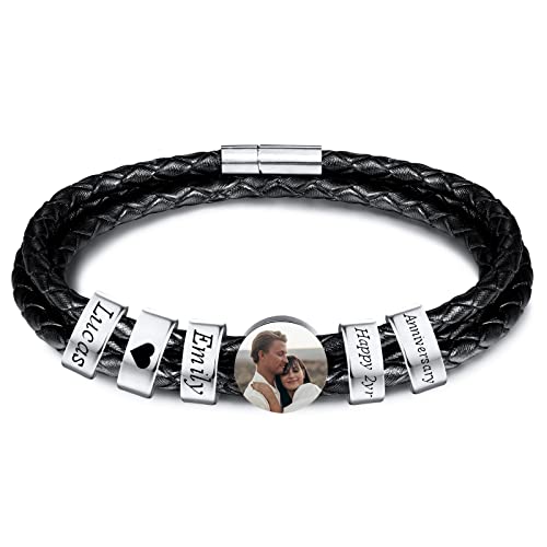 INBLUE Personalisierte Namen Armbänder Herren Gravur Lederarmband Edelstahl Silberne Perlen Anhänger Schmuck Geschenke für Männer Papa Familie Damen (Silber, Runde 5 Perle) von INBLUE