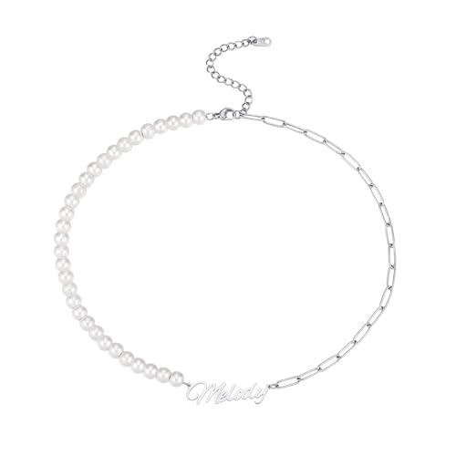INBLUE Personalisierte Perle Name Halskette für Frauen Perle Choker Halskette mit Edelstahl Kette Perlen Stränge mit Namen Anhänger Schmuck Geschenk für Geburtstag Valentinstag - A1 von INBLUE
