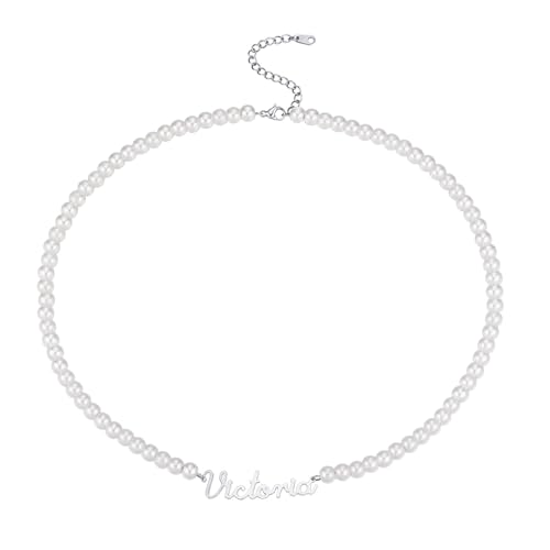INBLUE Personalisierte Perle Name Halskette für Frauen Perle Choker Halskette mit Edelstahl Kette Perlen Stränge mit Namen Anhänger Schmuck Geschenk für Geburtstag Valentinstag - C1 von INBLUE