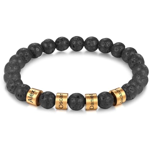 INBLUE Personalisierte Gravur Name Perlen Armbänder für Männer 2-4 Namen Perlen für Freund Vater Familie Tigerauge Stein Lava Stein Armband Schmuck Geschenke für Geburtstag Vatertag Weihnachten A4 von INBLUE