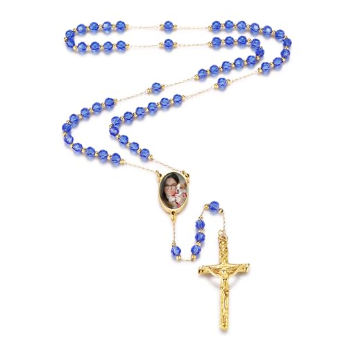 INBLUE Personalisierte Rosenkranz Halskette mit Bild Gravierte Zurück Text Rosenkranz Perlen Katholische Halskette für Frauen Edelstahl Kreuz Y Halskette Kette Rosenkranz Gebet Geschenke - Blau von INBLUE
