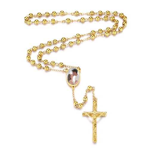 INBLUE Personalisierte Rosenkranz Halskette mit Bild Gravierte Zurück Text Rosenkranz Perlen Katholische Halskette für Frauen Edelstahl Kreuz Y Halskette Kette Rosenkranz Gebet Geschenke - Gold von INBLUE