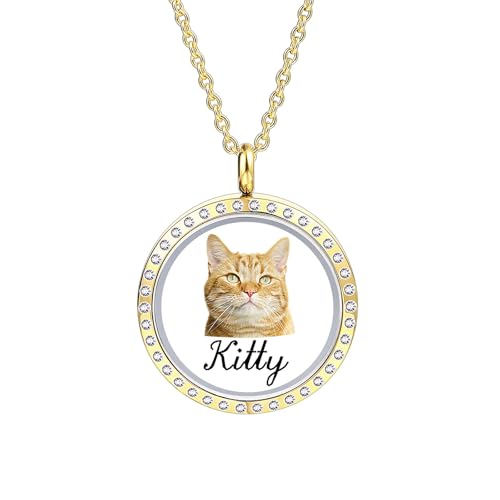 INBLUE Personalisierte Schwimmende Medaillon Halskette für Frauen Gravierte Foto/Text Runde Anhänger Edelstahl & Glas Medaillon mit Geburtsstein Geschenk für Jahrestag Geburtstag (B4 - Gold) von INBLUE