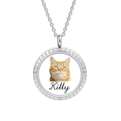 INBLUE Personalisierte Schwimmende Medaillon Halskette für Frauen Gravierte Foto/Text Runde Anhänger Edelstahl & Glas Medaillon mit Geburtsstein Geschenk für Jahrestag Geburtstag (B4 - Silber) von INBLUE