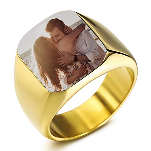 INBLUE Personalisierte Siegelring Gravur Farbbild Benutzerdefiniert Foto für Männer Jungen Frauen Mädchen Memorial Edelstahl-Schmuckpaket mit Ring Größen Einstellen (Goldfarben) von INBLUE