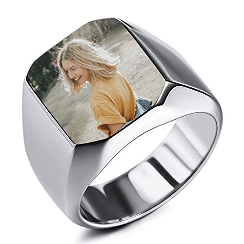 INBLUE Personalisierte Siegelring Gravur Farbbild Benutzerdefiniert Foto für Männer Jungen Frauen Mädchen Memorial Edelstahl-Schmuckpaket mit Ring Größen Einstellen (Silberfarbe) von INBLUE