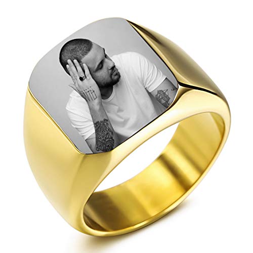 INBLUE Personalisierte Siegelring Gravur Schwarzes Bild Gravur Benutzerdefiniert Foto für Männer Jungen Frauen Mädchen Memorial Edelstahl-Schmuckpaket mit Ring Größen Einstellen (Goldfarben) von INBLUE