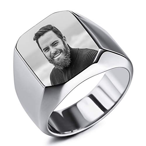 INBLUE Personalisierte Siegelring Gravur Schwarzes Bild Gravur Benutzerdefiniert Foto für Männer Jungen Frauen Mädchen Memorial Edelstahl-Schmuckpaket mit Ring Größen Einstellen (Silberfarbe) von INBLUE