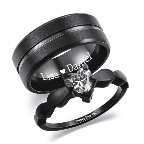 INBLUE Personalisierte Versprechen Ringe für Paare Gravierte Text Ringe mit Herz Edelstein Edelstahl Passende Paar Ringe für Sie und Ihn auf Verlobung Hochzeit - Set Stil 1 von INBLUE