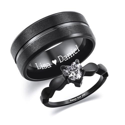 INBLUE Personalisierte Versprechen Ringe für Paare Gravierte Text Ringe mit Herz Edelstein Edelstahl Passende Paar Ringe für Sie und Ihn auf Verlobung Hochzeit - Set Stil 1 von INBLUE