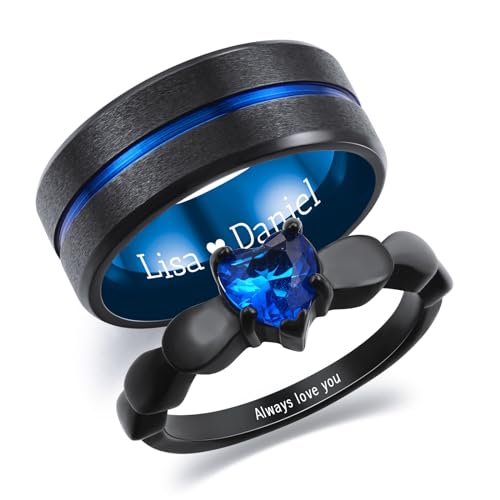 INBLUE Personalisierte Versprechen Ringe für Paare Gravierte Text Ringe mit Herz Edelstein Edelstahl Passende Paar Ringe für Sie und Ihn auf Verlobung Hochzeit - Set Stil 2 von INBLUE