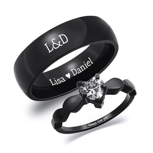 INBLUE Personalisierte Versprechen Ringe für Paare Gravierte Text Ringe mit Herz Edelstein Edelstahl Passende Paar Ringe für Sie und Ihn auf Verlobung Hochzeit - Set Stil 3 von INBLUE