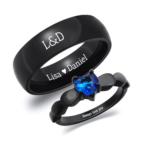 INBLUE Personalisierte Versprechen Ringe für Paare Gravierte Text Ringe mit Herz Edelstein Edelstahl Passende Paar Ringe für Sie und Ihn auf Verlobung Hochzeit - Set Stil 4 von INBLUE