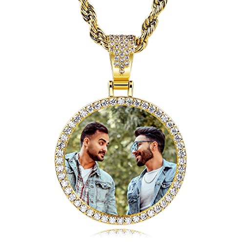 INBLUE Personalisierter Hip-Hop Erinnerung Foto Halskette Anhänger Text Gravierter für Männer Frauen Kupfer Engelsflügel Runde & Herz Medaille Tennis Seil Kette Schmuck Geschenk (Gold, 61cm) von INBLUE