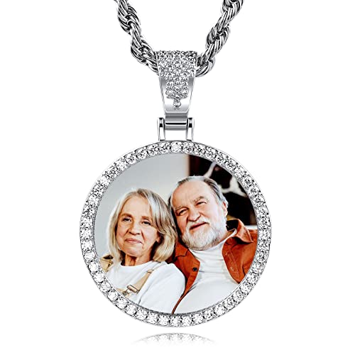 INBLUE Personalisierter Hip-Hop Erinnerung Foto Halskette Anhänger Text Gravierter für Männer Frauen Kupfer Engelsflügel Runde & Herz Medaille Tennis Seil Kette Schmuck Geschenk (Silber, 51cm) von INBLUE