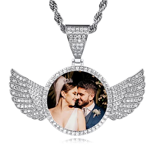 INBLUE Personalisierter Hip-Hop Erinnerung Foto Halskette Anhänger Text Gravierter für Männer Frauen Kupfer Engelsflügel Runde & Herz Medaille Tennis Seil Kette Schmuck Geschenk (Silber, 66CM) von INBLUE