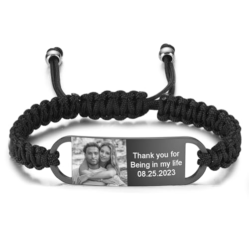 INBLUE Personalisiertes Armband für Männer Gravur Text/Foto Einstellbare Handgefertigt Geflochtenes Seil Armband für Paar Anpassbare Armband Schmuck Geschenk für Valentinstag Geburtstag - A1 von INBLUE