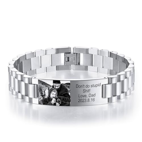 INBLUE Personalisiertes Armband für Papa Männer - Gravierte Namen Text Foto Herren Gliederarmband Geschenk zum Geburtstag Jahrestag Vater Ehemann Opa Sohn Freund (A1: Silber) von INBLUE