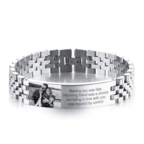 INBLUE Personalisiertes Armband für Papa Männer - Gravierte Namen Text Foto Herren Gliederarmband Geschenk zum Geburtstag Jahrestag Vater Ehemann Opa Sohn Freund (A2: Silber) von INBLUE