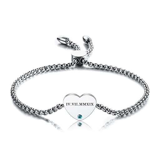 INBLUE Personalisiertes Herz Armband für Frauen Benutzerdefinierter Name/Initiale Geburtsstein Edelstahl Kette Einstellbar Nettes Armband Geburtstagsgeschenk Freundschafts-Armbänder von INBLUE