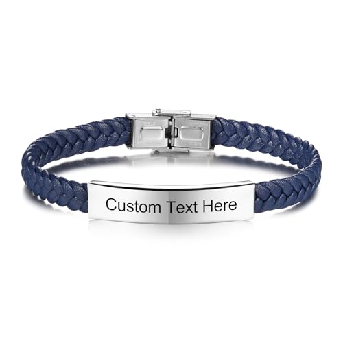 INBLUE Personalisiertes Leder Armband Graviert Name/Text für Männer Vater Freund - Edelstahl Tag Einstellbar Geflochtenes Seil Mode Schmuck Geschenk für Jahrestag Freundschaft - Blau von INBLUE