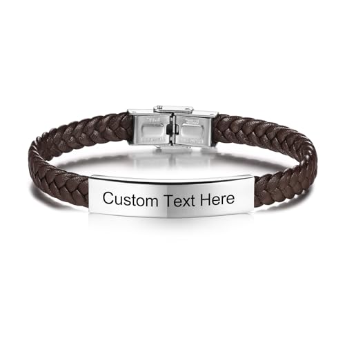 INBLUE Personalisiertes Leder Armband Graviert Name/Text für Männer Vater Freund - Edelstahl Tag Einstellbar Geflochtenes Seil Mode Schmuck Geschenk für Jahrestag Freundschaft - Braun von INBLUE