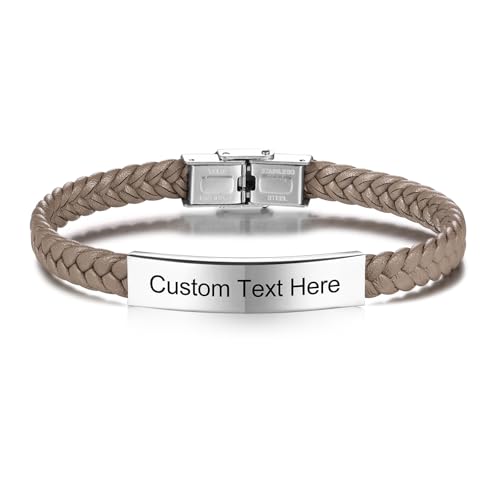 INBLUE Personalisiertes Leder Armband Graviert Name/Text Armband für Männer Vater Freund Edelstahl Tag Einstellbar Geflochtenes Seil Armband Mode Schmuck Geschenk für Jahrestag Freundschaft - Grau von INBLUE