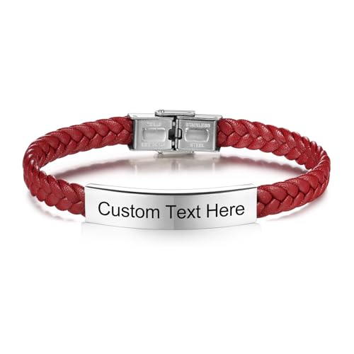 INBLUE Personalisiertes Leder Armband Graviert Name/Text für Männer Vater Freund - Edelstahl Tag Einstellbar Geflochtenes Seil Mode Schmuck Geschenk für Jahrestag Freundschaft - Rot von INBLUE