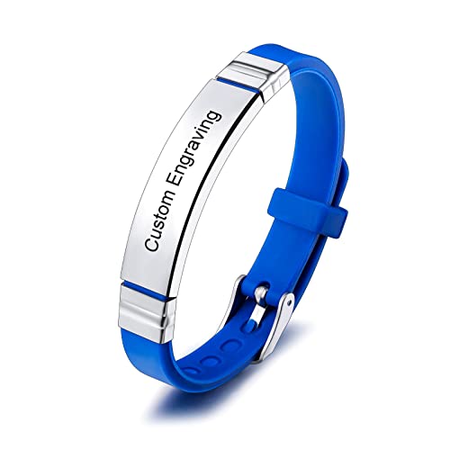 INBLUE Personalisiertes Namensschild-Armband Individueller Name/Datum/Zitat Gravur Edelstahl Sport ID-Tag Verstellbares Silikon-Armband für Männer und Frauen (Blauer Riemen & Silbernes Etikett) von INBLUE