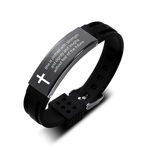 INBLUE Religiöses Zitat Glaube Christliche Bibelverse Inspirierende Kraftvolle Schrift ID Armband Kreuz Edelstahl Einstellbare Silikon Armbänder Geschenk für Herren (Stil A-Schwarz, Text 1) von INBLUE