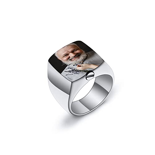 INBLUE Ringe Herren Asche Ring Edelstahl Siegelring mit Gravur Personalisierter Foto Text Eingraviert Schwarzer Gold Ring Hunde Erinnerung Schmuck mit Trichter Werkzeug (Silber, Farbfoto, Größe 62) von INBLUE