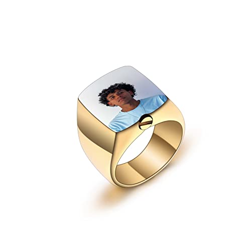 INBLUE Ringe Herren Asche Ring Edelstahl Siegelring mit Gravur Personalisierter Foto Text Eingraviert Schwarzer Silber Ring Hunde Erinnerung Schmuck mit Trichter Werkzeug (Gold, Farbfoto, Größe 64) von INBLUE