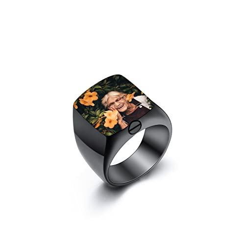 INBLUE Ringe Herren Asche Ring Edelstahl Siegelring mit Gravur Personalisierter Foto Text Eingraviert Silber Gold Ring Hunde Erinnerung Schmuck mit Trichter Werkzeug (Schwarzer, Farbfoto, Größe 62) von INBLUE