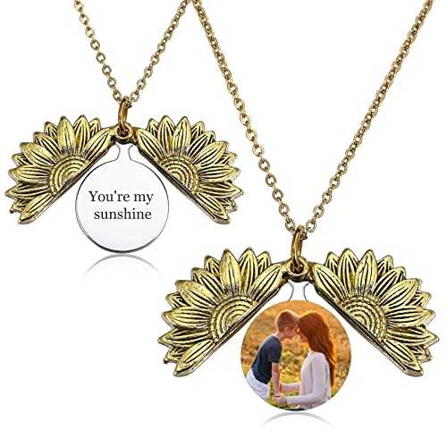 INBLUE Sonnenblume Halskette für Frauen Personalisierte Schwester Geschenke Individuell mit verstecktem Foto & Text Edelstahl & Legierung Anhänger Teenager Mädchen Geschenke Tochter Geschenk von Mama von INBLUE