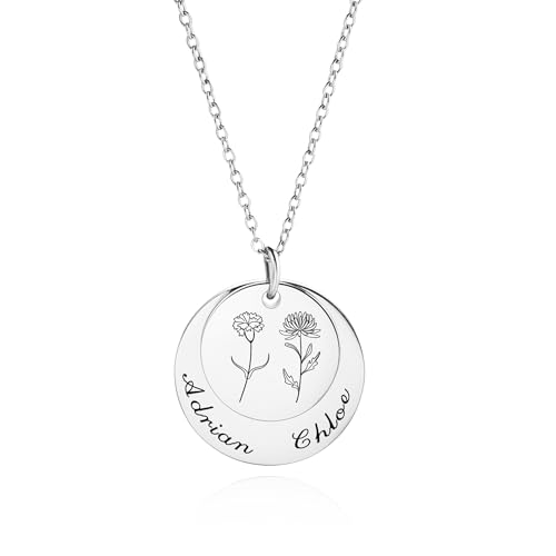 INBLUE Zierliche Geburtsblumen Halskette für Frauen Geburtsmonats Blumenanhänger Individuelle Namenskette Personalisierter Mama Schmuck Geschenk zum Muttertag Mutter Tochter Schwestern - Silber von INBLUE