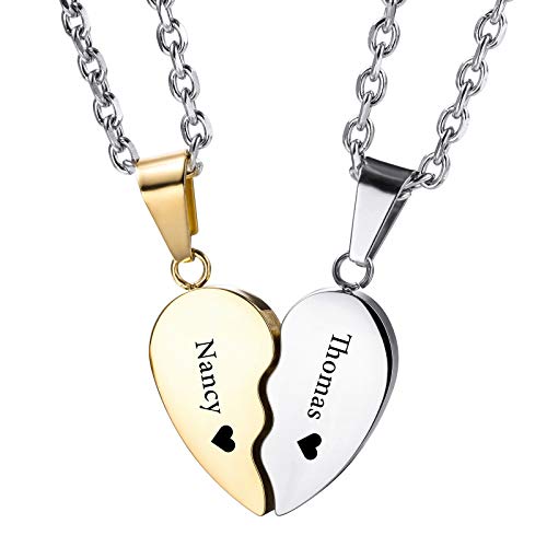 INBULE Personalisierte Herz Paar Halskette Set mit Wunschgravur von Name Datum für Damen Herren Pärchen Liebhaber Edelstahl Verstellbare Kette Liebevolle Beziehung Puzzle Anhänger(Gold Faber) von INBLUE