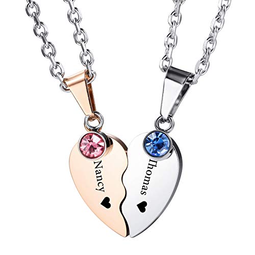 INBULE Personalisierte Herz Paar Halskette Set mit Wunschgravur von Name Datum für Freundin Pärchen Geburtsstein Edelstahl Verstellbare Kette Liebevolle Beziehung Puzzle Anhänger(Roségold Faber) von INBLUE