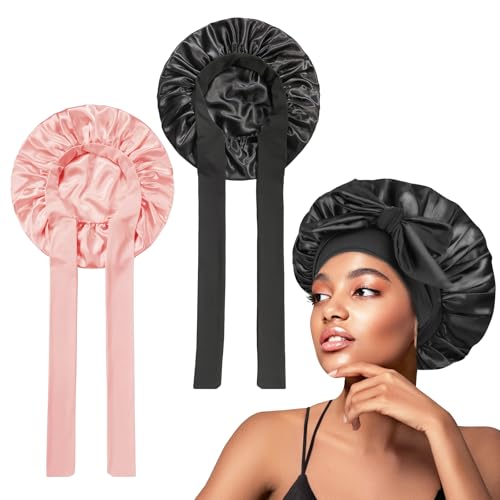 Seidenhaube zum Schlafen 2 Stück Satin Haarhaube für Damen, Verstellbar Schlafhaube Seide mit Breitem Elastikband Schlafhaube Haare Schützen Bonnet für Lockiges, Glattes Haar (Rosa/Schwarz) von INCNMAD