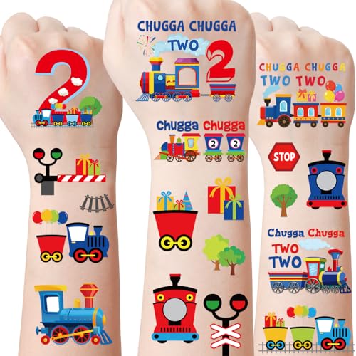 Chugga Chugga Two Two Party Decorations - 8 Sheets 320 Pcs Choo Choo I'm 2 Temporary Tattoos Train 2nd Birthday Party Favors Supplies for Kids Boys Girls Railroad Transport Theme Baby Shower Decor von INCOK
