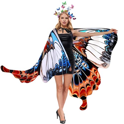 INCOK Schmetterlingsflügel Erwachsene Kostüme Fee Schmetterling Flügel Cape mit Stirnband Frauen Halloween Weihnachten Cosplay Party Dress up, Mehrfarbige Schmetterlingsflügel, F von INCOK