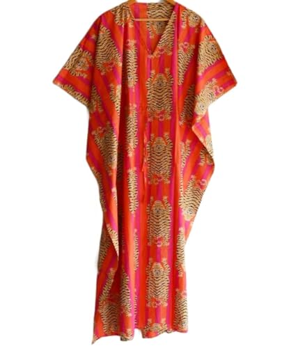 INDACORIFIE Indisches handgemachtes Kaftan-Kleid mit Tiger-Print, langes Oberteil, Kaftan, Strandkleid, Tiger-Handblock-Print, Nachtwäsche, Maxikleid, von INDACORIFY