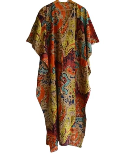 INDACORIFIE Jaipuri Art Cotton Handmade Kaftan Dress Indian Hand Block Print Nachtwäsche Maxikleid Kimono Robe, Damen Strand Cover Up Damen Nachtkleid Multi von INDACORIFY