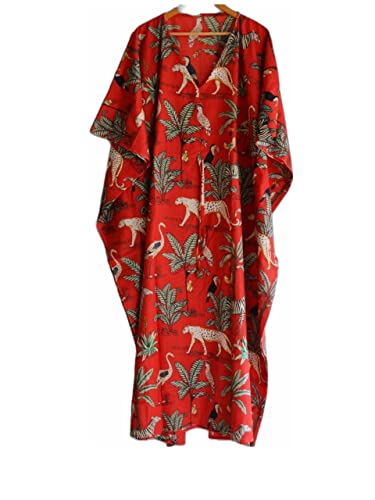 INDACORIFIE Jugle Damenkleid mit Blockdruck, indisches handgefertigtes langes Kaftankleid, Kaftan aus reinem Baumwollstoff, Damen-Nachtwäsche, Kimono Art Multi von INDACORIFIE