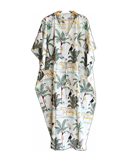 INDACORIFIE Jungle Hand Block Print Kaftan Nachtwäsche Maxikleid Robe, Damenkleid Langer Kaftan, Strandkleid, indischer handgefertigter Blumen-Baumwoll-Kaftan Multi von INDACORIFY