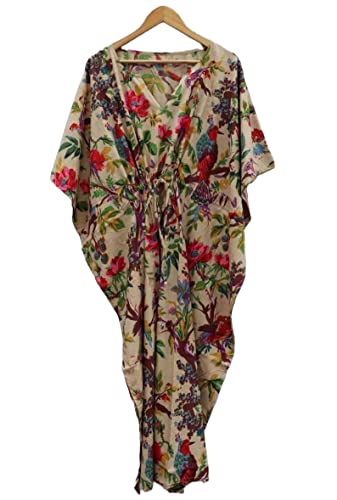 INDACORIFIE Langer Kaftan aus Baumwolle mit Vogeldruck, Partykleidung für Damen, Maxi im Hippie-Kaftan-Stil, von INDACORIFIE