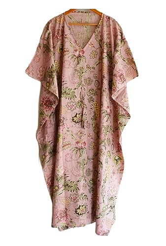 INDACORIFIE Schöner Kaftan mit Blattdruck, Blumenblockdruck, Nachtwäsche, Maxi-Kimono, Robe, Baumwolle, handgefertigt, Kaftankleid, Langer Kaftan, von INDACORIFIE