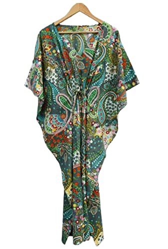 INDACORIFY 100% Baumwoll-Kaftan-Kleid, floral Bedruckte Damen-Schneiderei, handgemachter indischer Langer Kaftan-Anzug, wunderschöner Strand (Design-16) von INDACORIFY