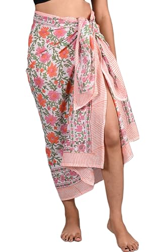 INDACORIFY 100% Baumwolle, handbedruckter Sarong für Damen, Badeanzug, Wickelrock, Strand-Bikini-Wickelrock, Pareo-Schal, Stola für Damen (Design-13) von INDACORIFY